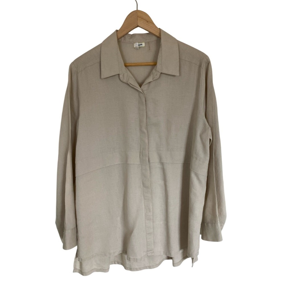Simply NYC Womens Tan Linen‎ Long Sleeve Button-Front Shirt Size XL Classic
